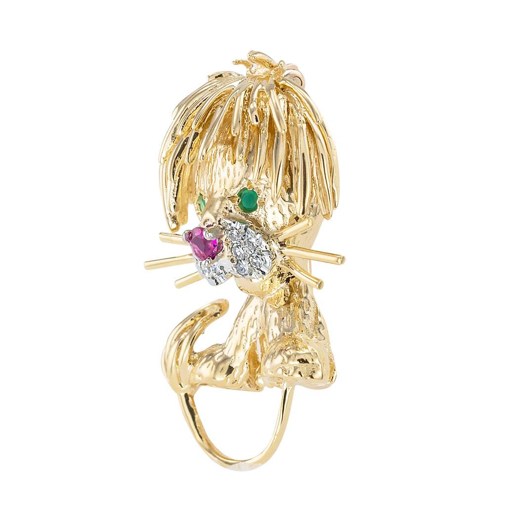 Modern Diamond Ruby Yellow Gold Lion Brooch