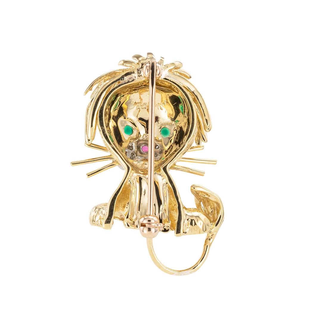 Round Cut Diamond Ruby Yellow Gold Lion Brooch