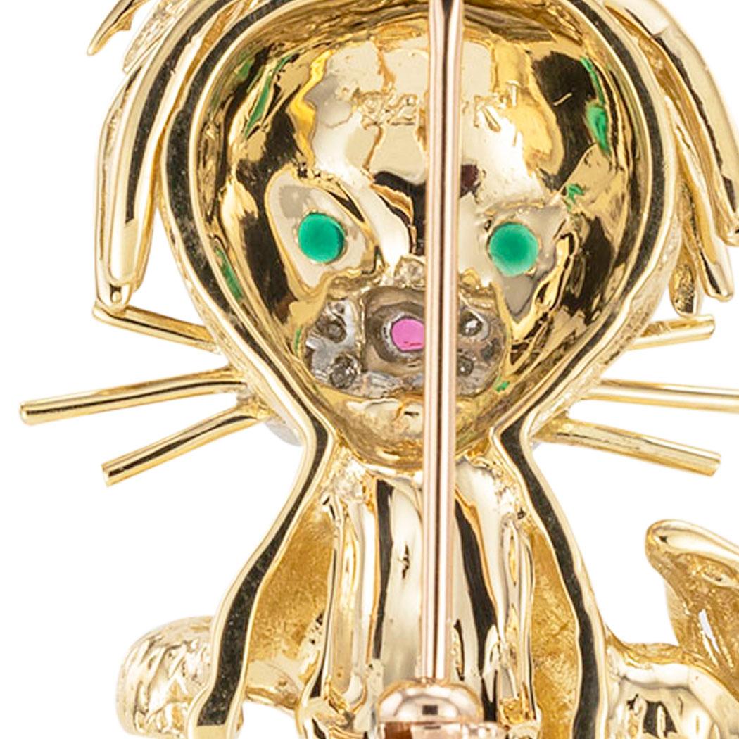 Diamond Ruby Yellow Gold Lion Brooch In Good Condition In Los Angeles, CA