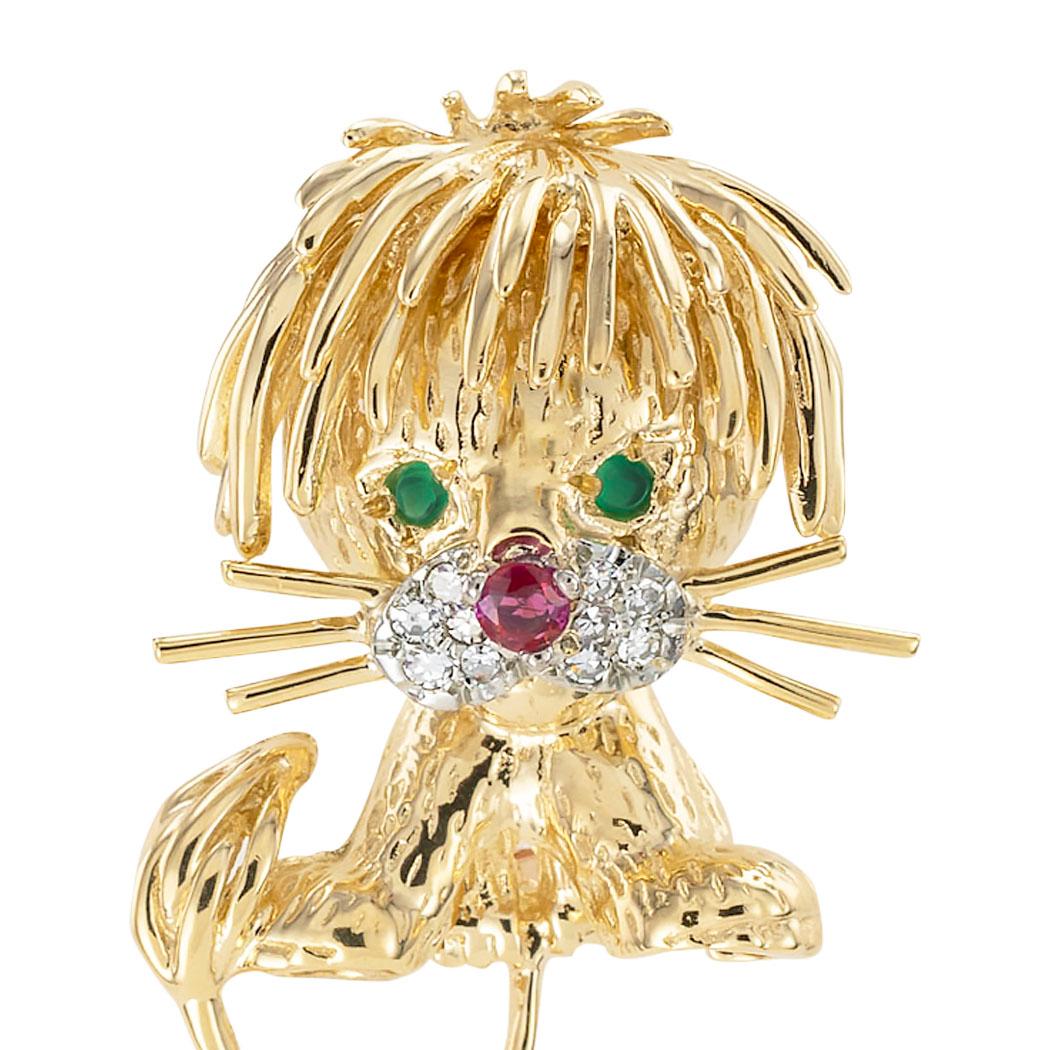 Women's or Men's Diamond Ruby Yellow Gold Lion Brooch