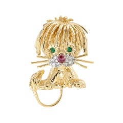 Diamond Ruby Yellow Gold Lion Brooch