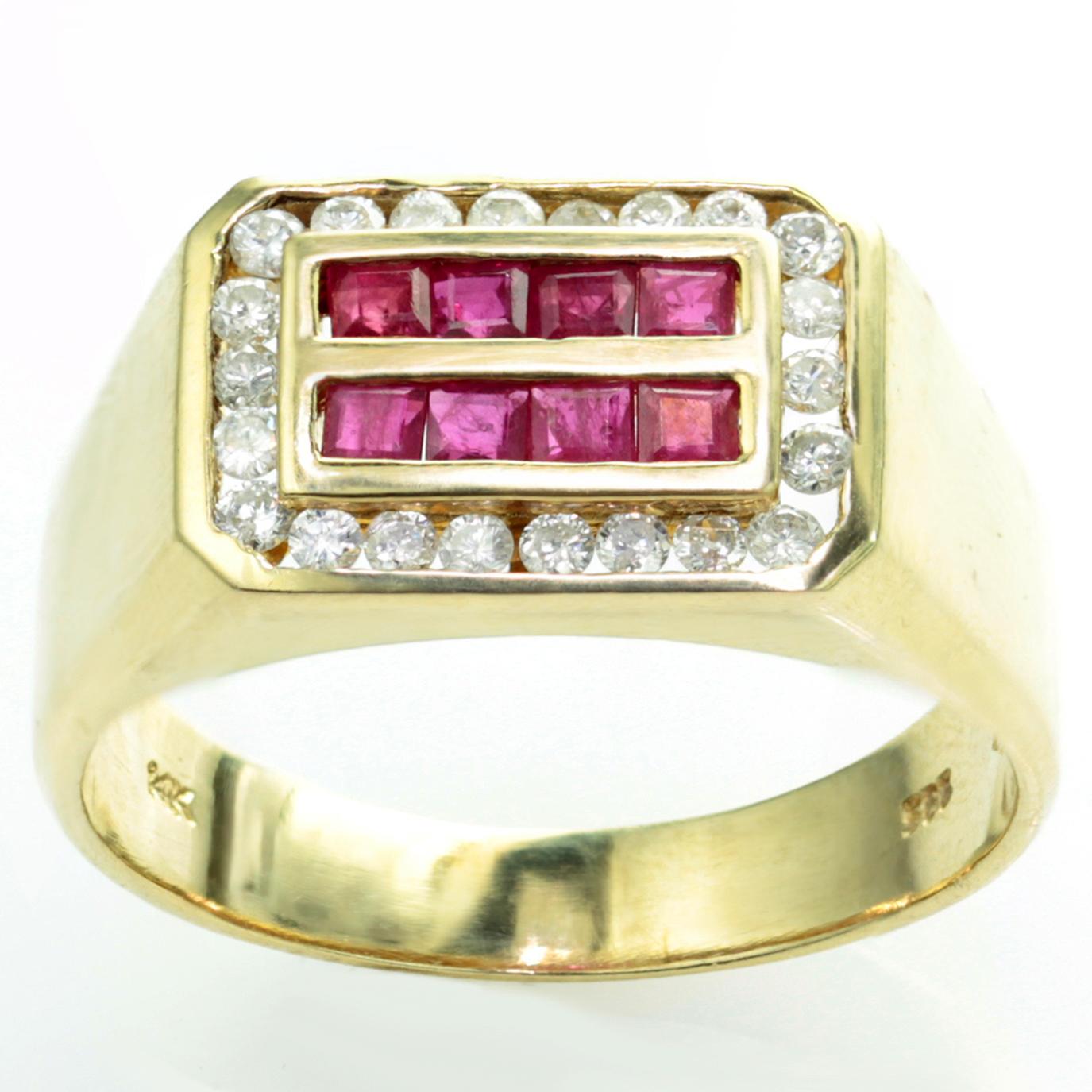 This elegant men's ring is made in 14k yellow gold and features 8 square channel-set rubies surrounded by sparkling round diamonds. Circa 1980s. Measurements: 0.38