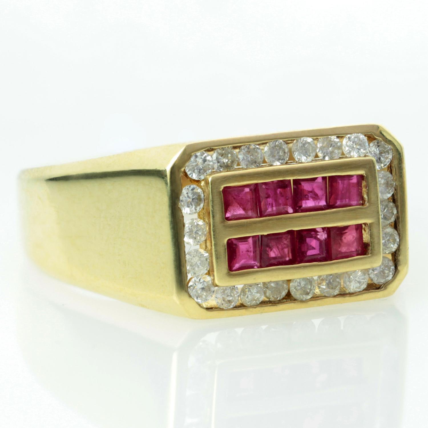 Diamond Ruby Yellow Gold Rectangular Men's Ring In Excellent Condition In New York, NY