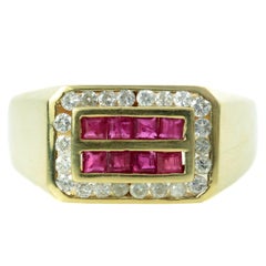 Retro Diamond Ruby Yellow Gold Rectangular Men's Ring