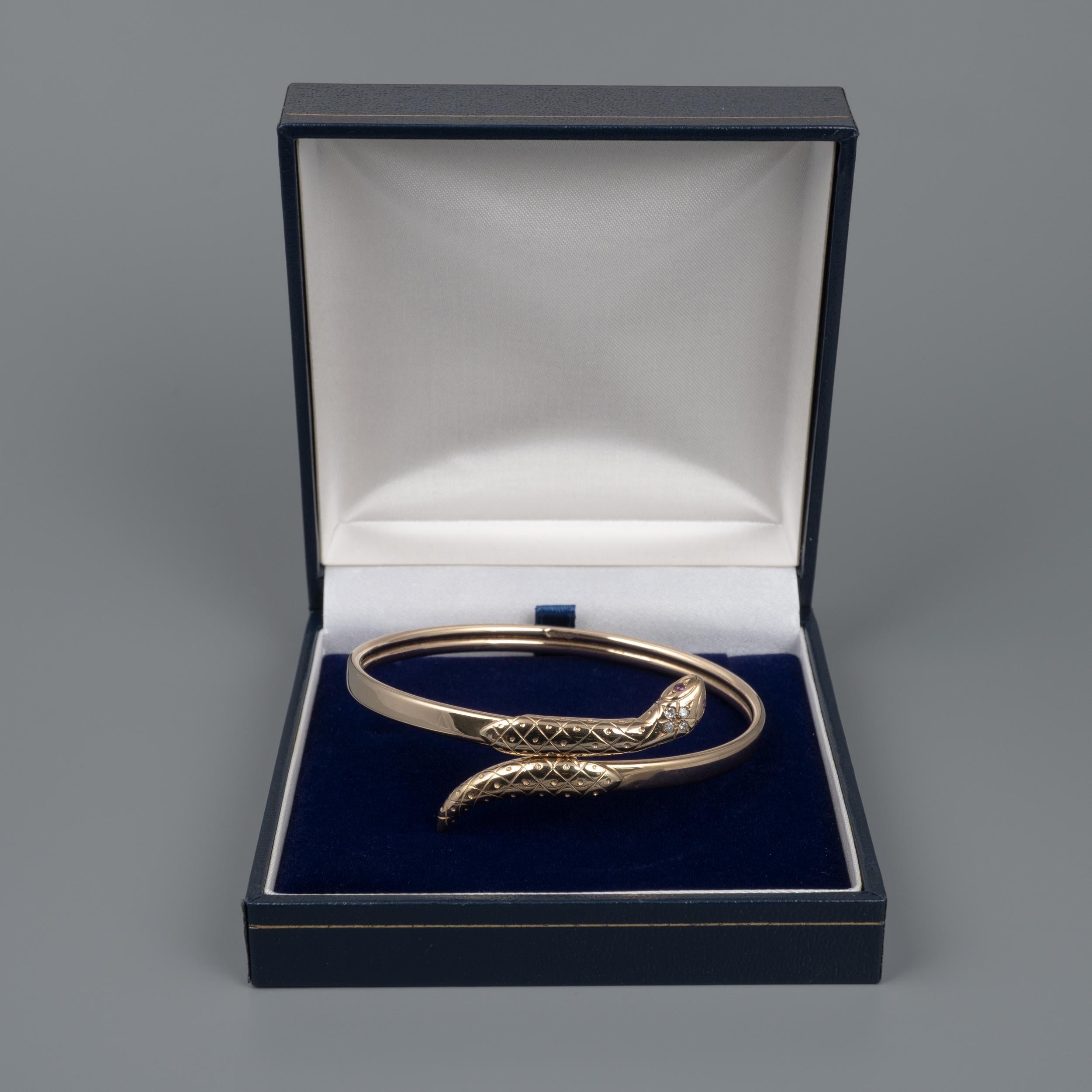 Diamond and Ruby Yellow Gold Snake Bangle Bracelet Hallmarked Solid Gold 3