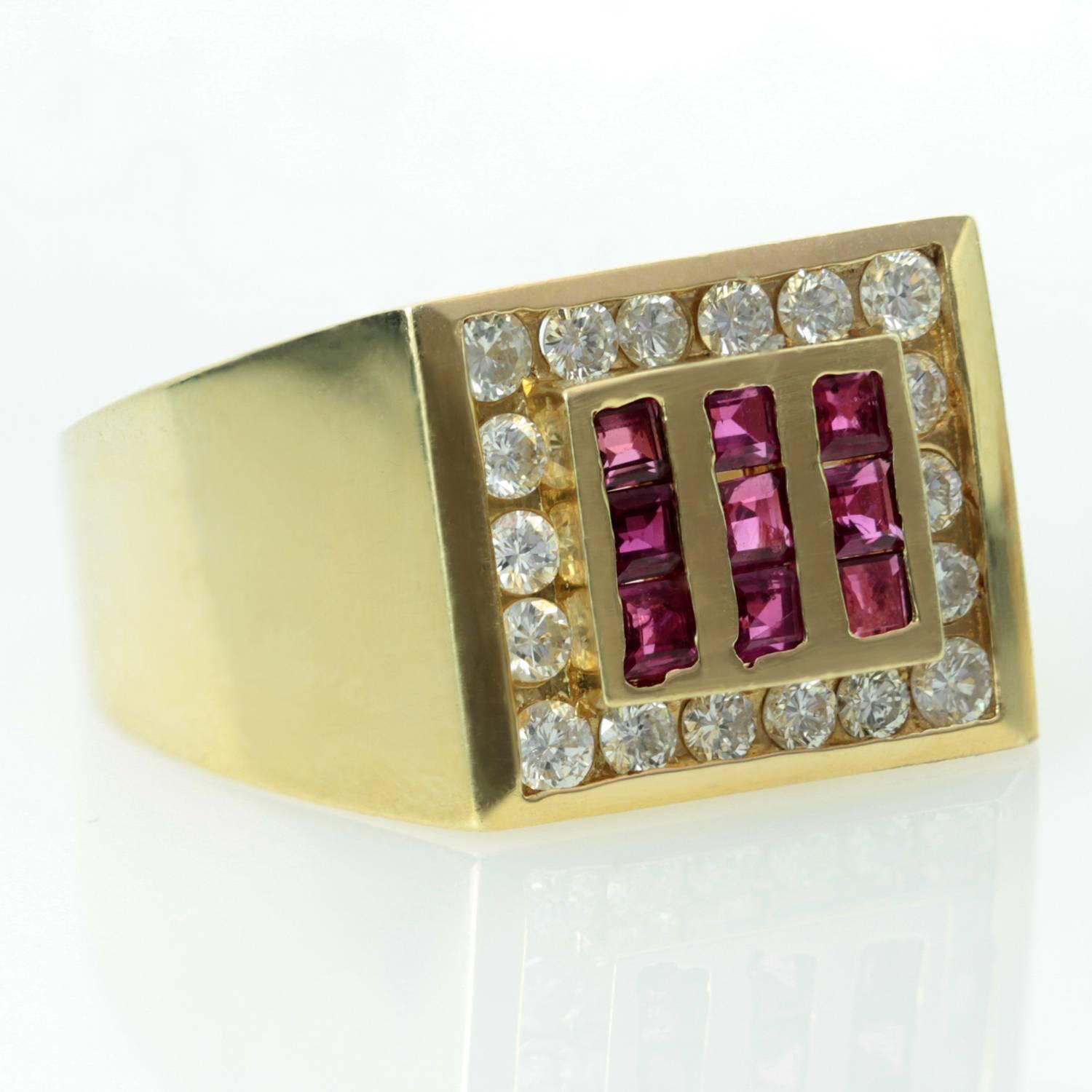 This elegant men's ring is made in 14k yellow gold and features 12 square channel-set rubies surrounded by sparkling round diamonds. Circa 1980s. Measurements: 0.47