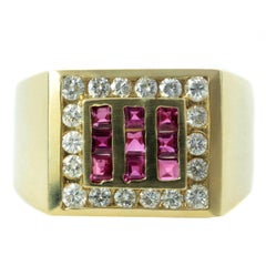 Retro Diamond Ruby Yellow Gold Square Men's Ring