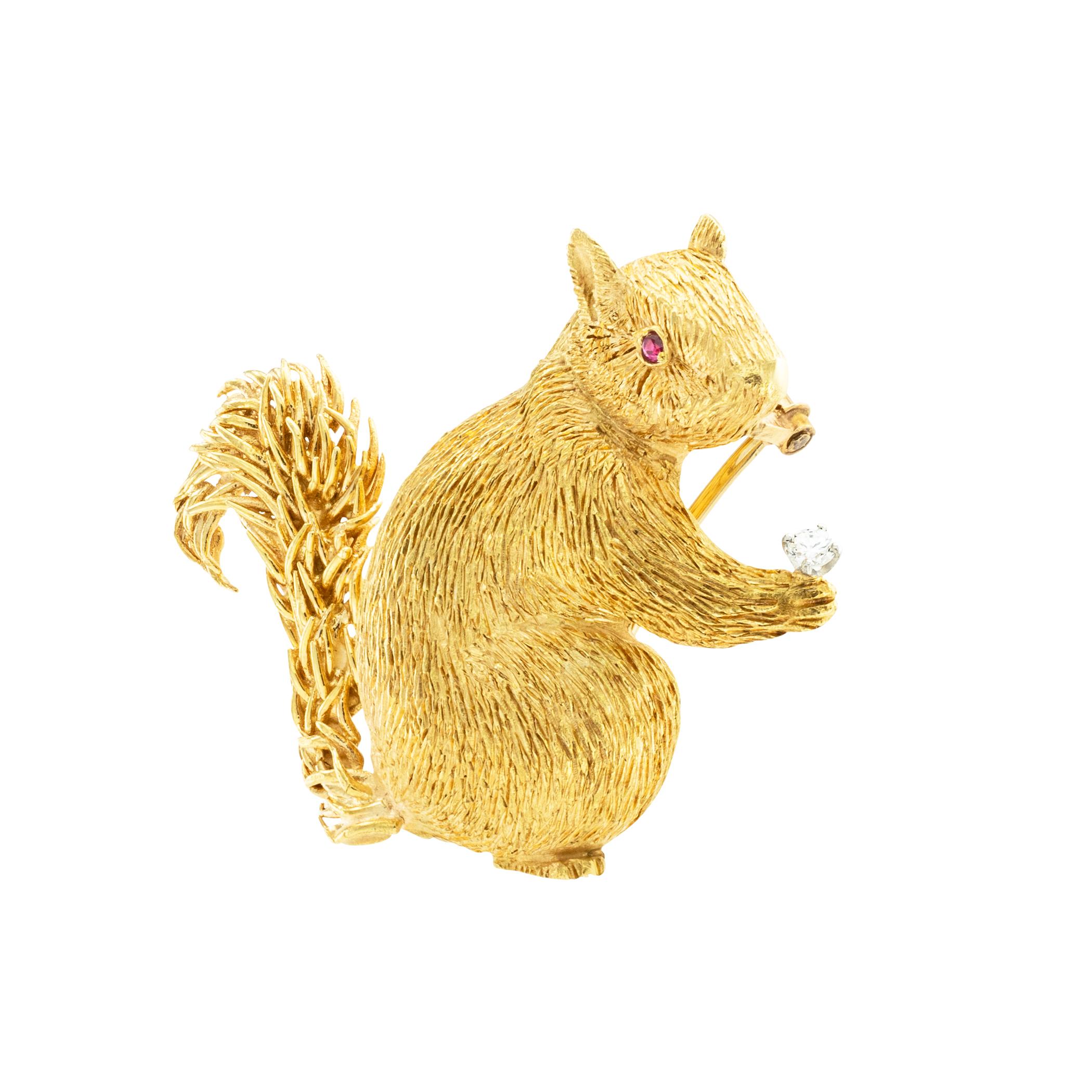 Modern Diamond Ruby Yellow Gold Squirrel Clip Brooch For Sale