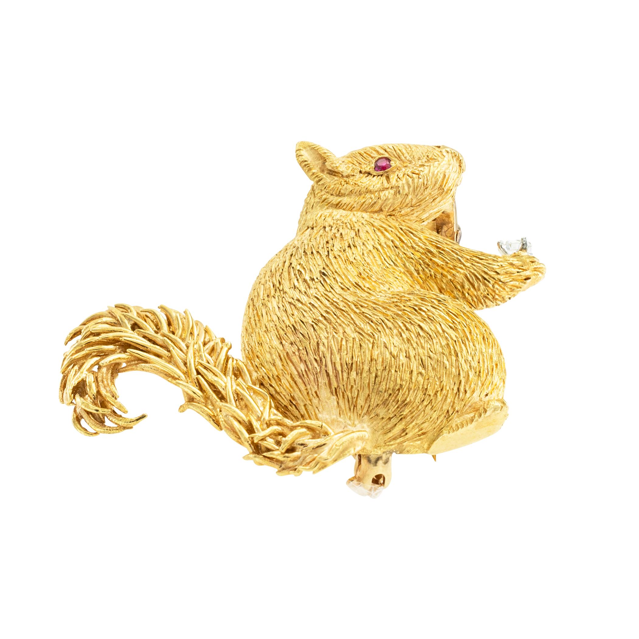 Round Cut Diamond Ruby Yellow Gold Squirrel Clip Brooch For Sale