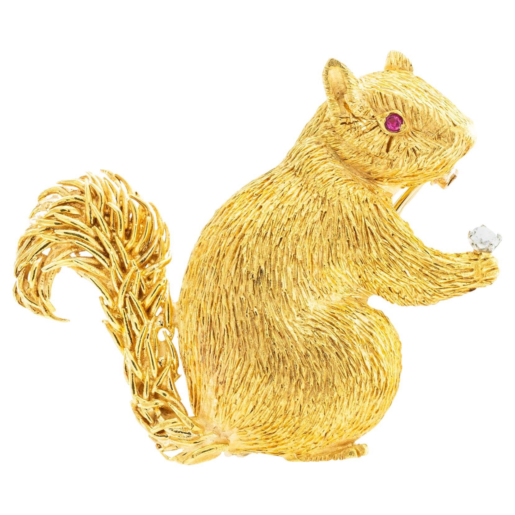 Diamond Ruby Yellow Gold Squirrel Clip Brooch For Sale