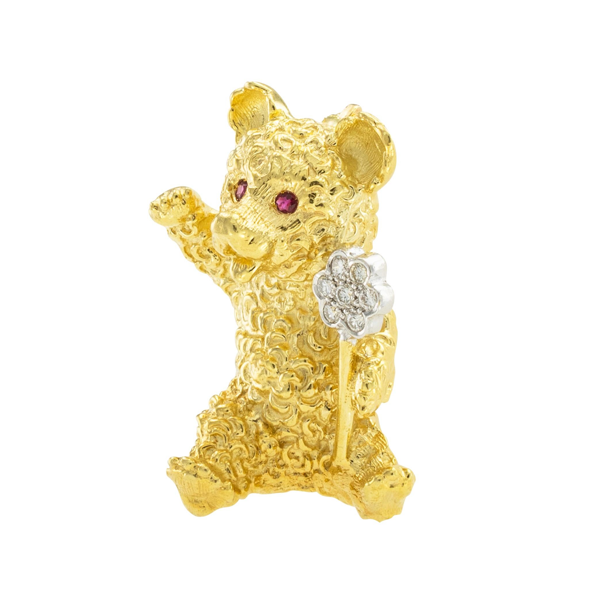  Diamond and ruby gold Italian teddy bear brooch circa 1970.  *

ABOUT THIS ITEM:  #P-DJ29A. Scroll down for detailed specifications. Take a glance at this adorable teddy bear, it's a true work of art that you can wear. You can see love and
