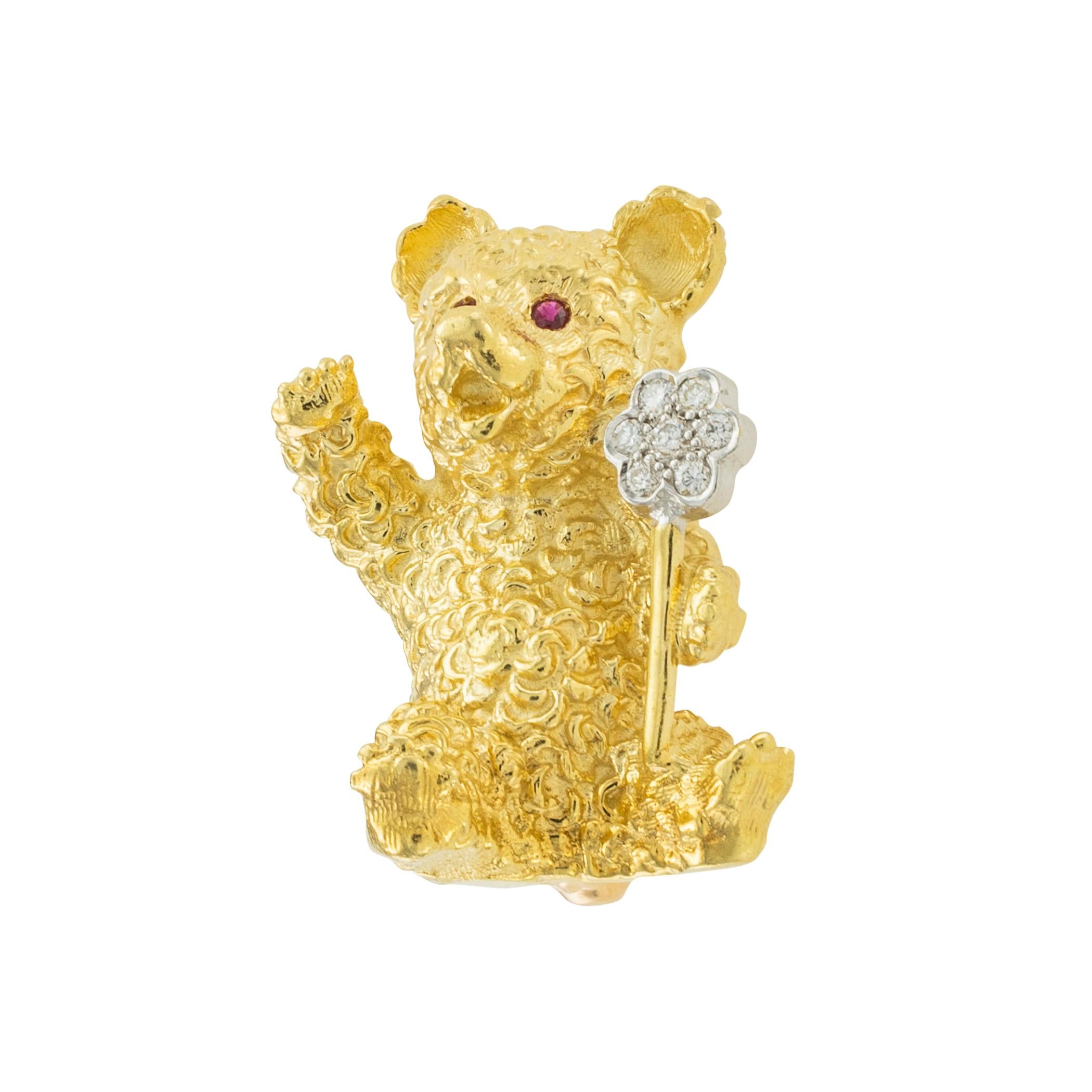 Modern Diamond Ruby Yellow Gold Teddy Bear Brooch For Sale