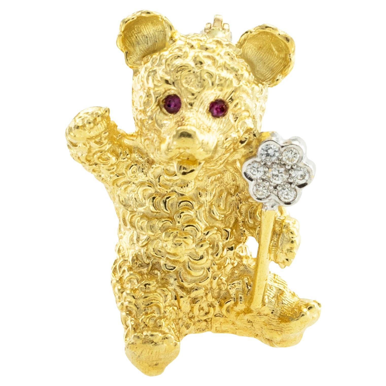 Diamond Ruby Yellow Gold Teddy Bear Brooch For Sale