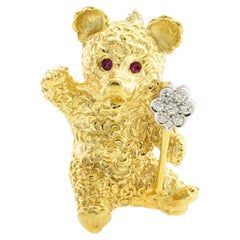 Diamond Ruby Yellow Gold Teddy Bear Brooch