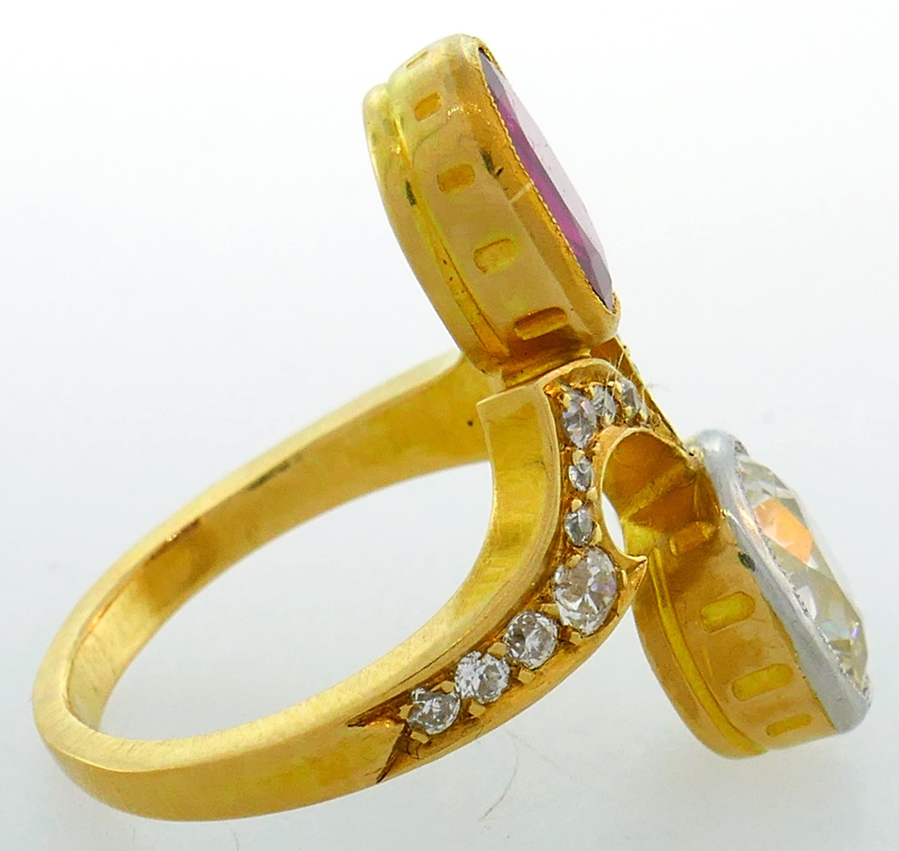 Diamond Ruby Yellow Gold Toi et Moi Ring, Victorian French Antique In Good Condition In Beverly Hills, CA
