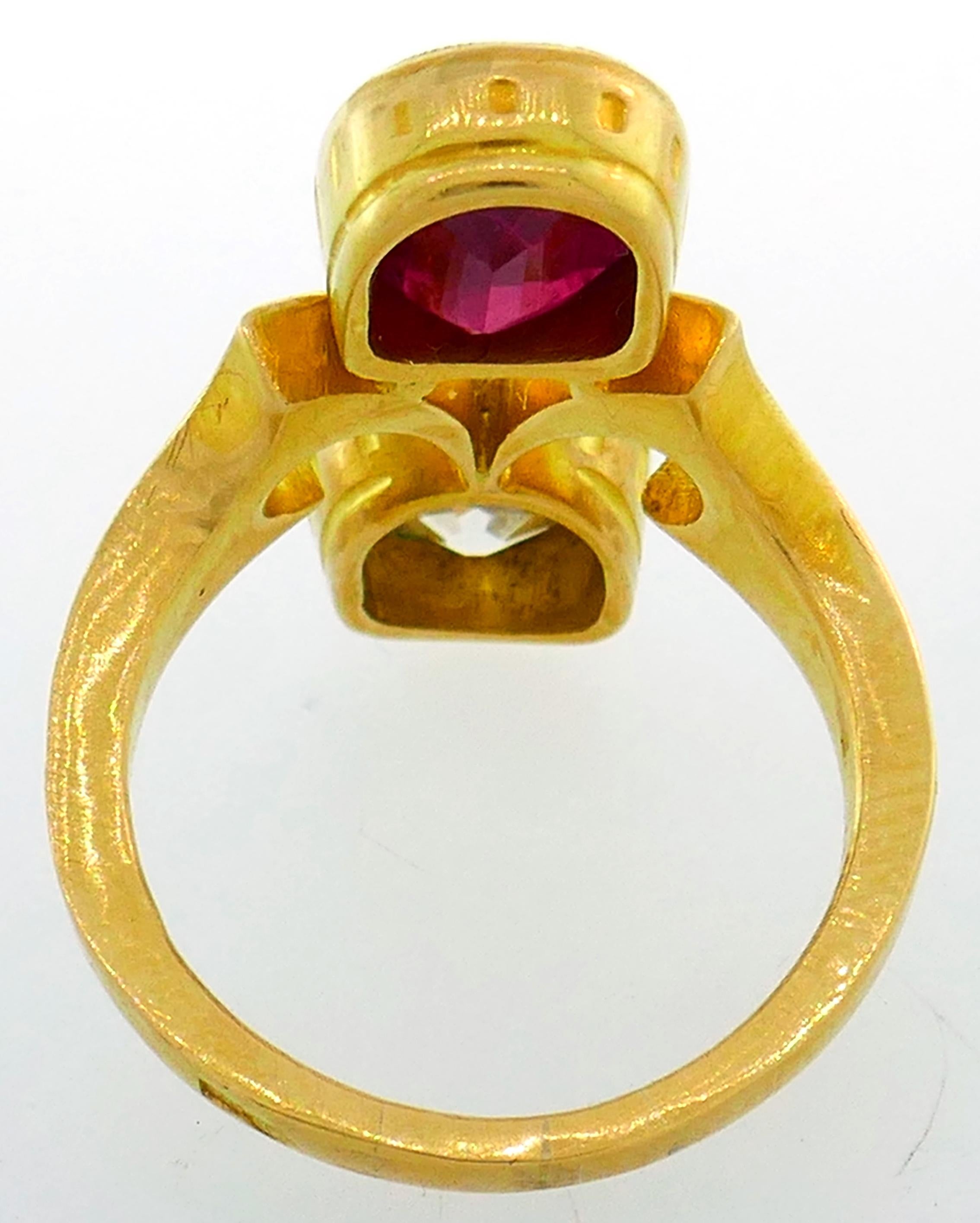 Women's Diamond Ruby Yellow Gold Toi et Moi Ring, Victorian French Antique