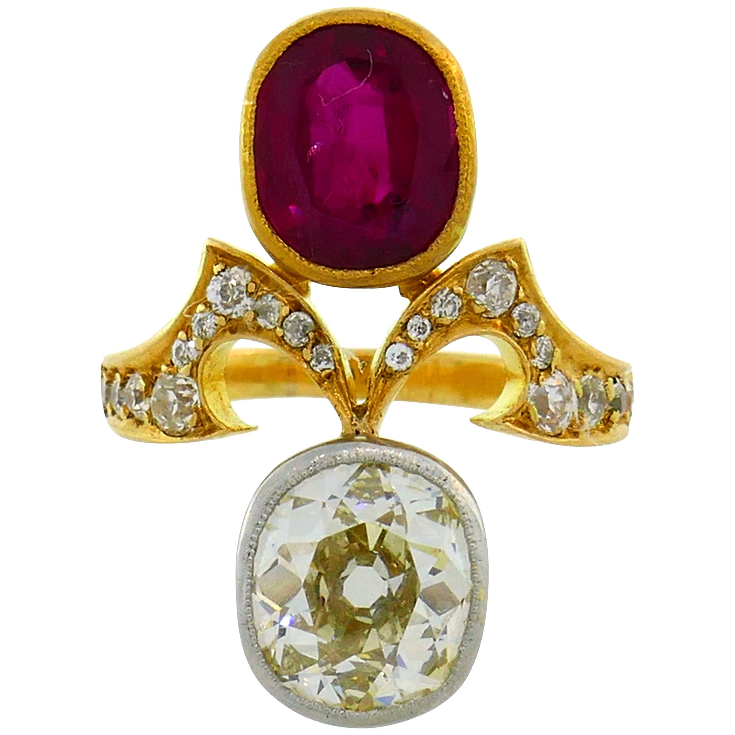 Diamond Ruby Yellow Gold Toi et Moi Ring, Victorian French Antique
