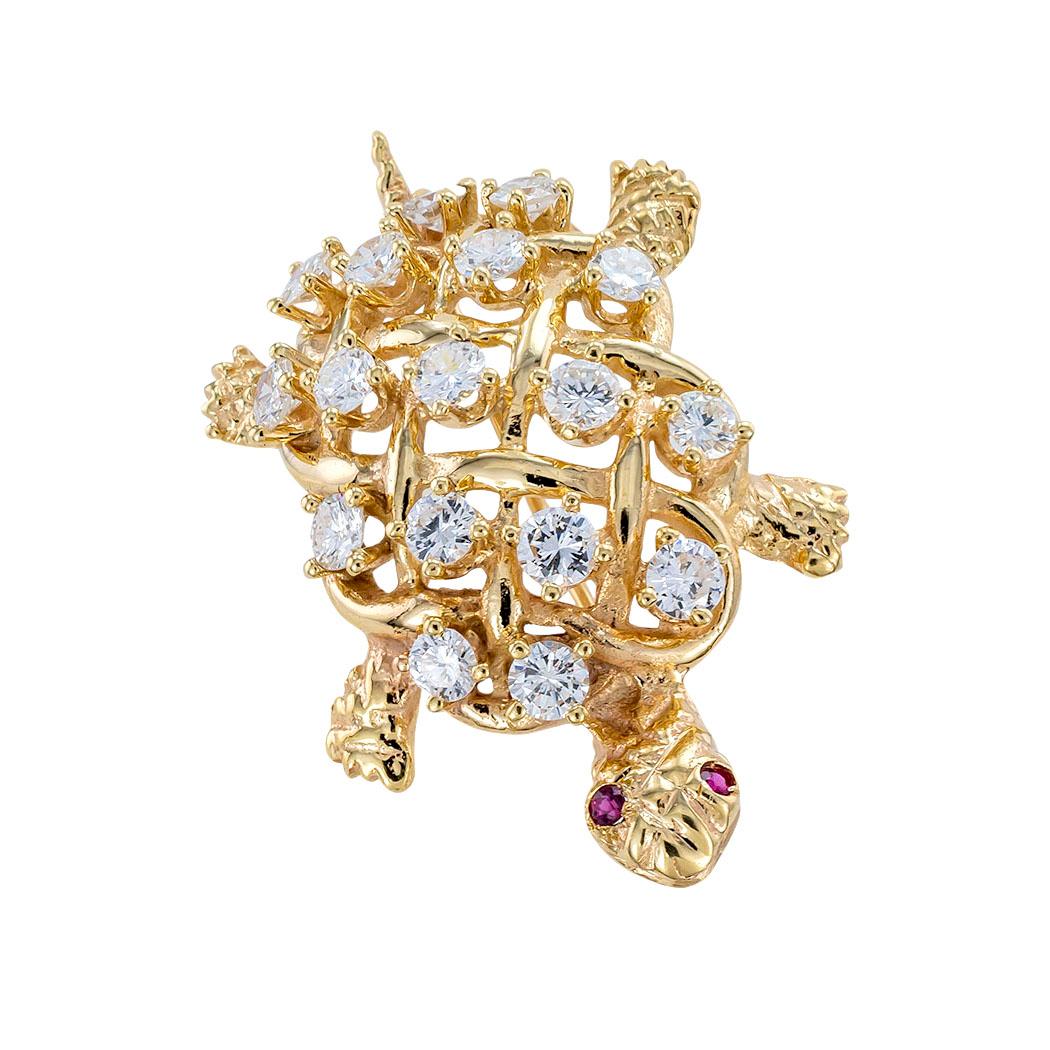 Round Cut Diamond Ruby Yellow Gold Turtle Brooch For Sale