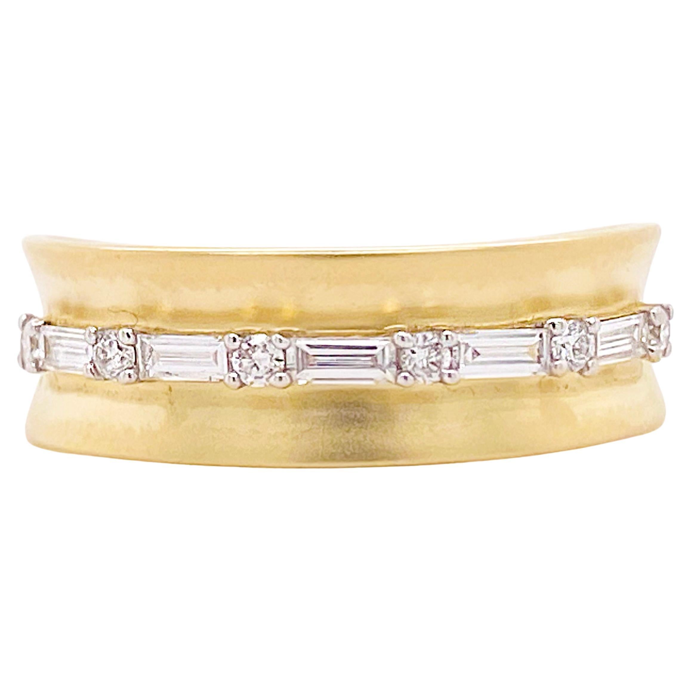 Diamond Saddle Ring, Yellow Gold, Baguette and Round Diamond Band