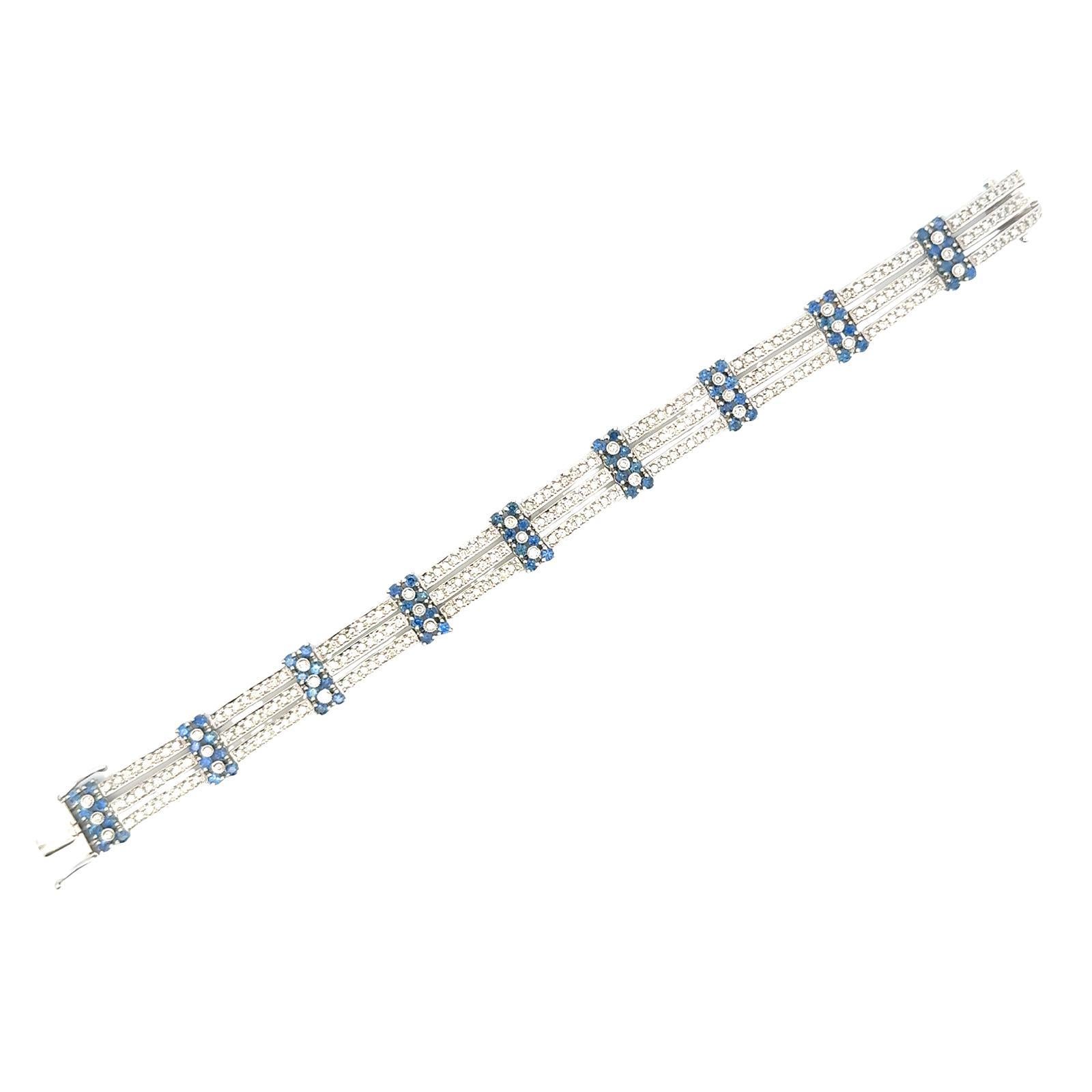 Women's Diamond  Sapphire 14 Karat White Gold Three Row Bracelet For Sale