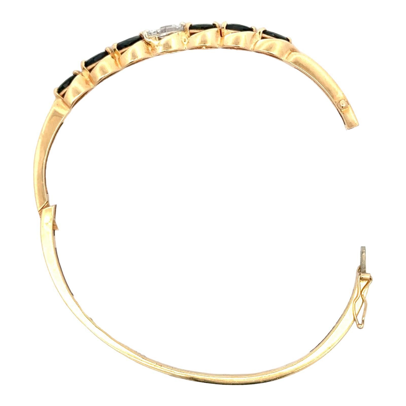 Women's Diamond Sapphire 14 Karat Yellow Gold Hinged Bangle Modern Bracelet For Sale