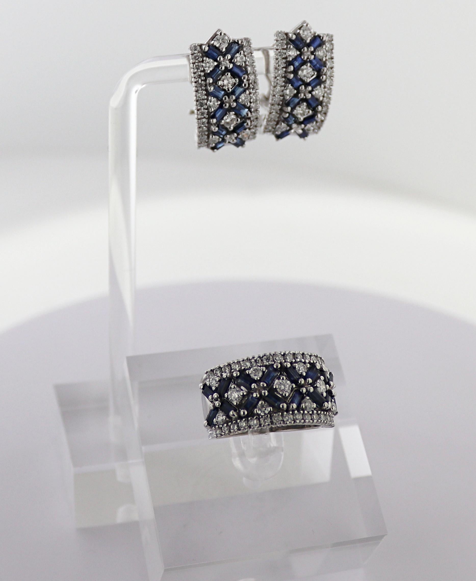 Including one band ring and matching earrings, designed with a geometric pattern of 40
rectangular-cut sapphires, 3.00 carat total weight,  accented by a total of 107 full-cut diamonds, 2.80 carat total weight, SI-I, I-J, set in 14k white gold