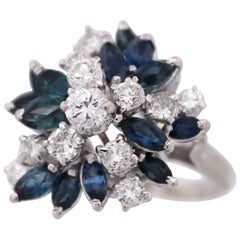 Diamant-, Saphir-Cluster-Ring aus 14 Karat Weißgold
