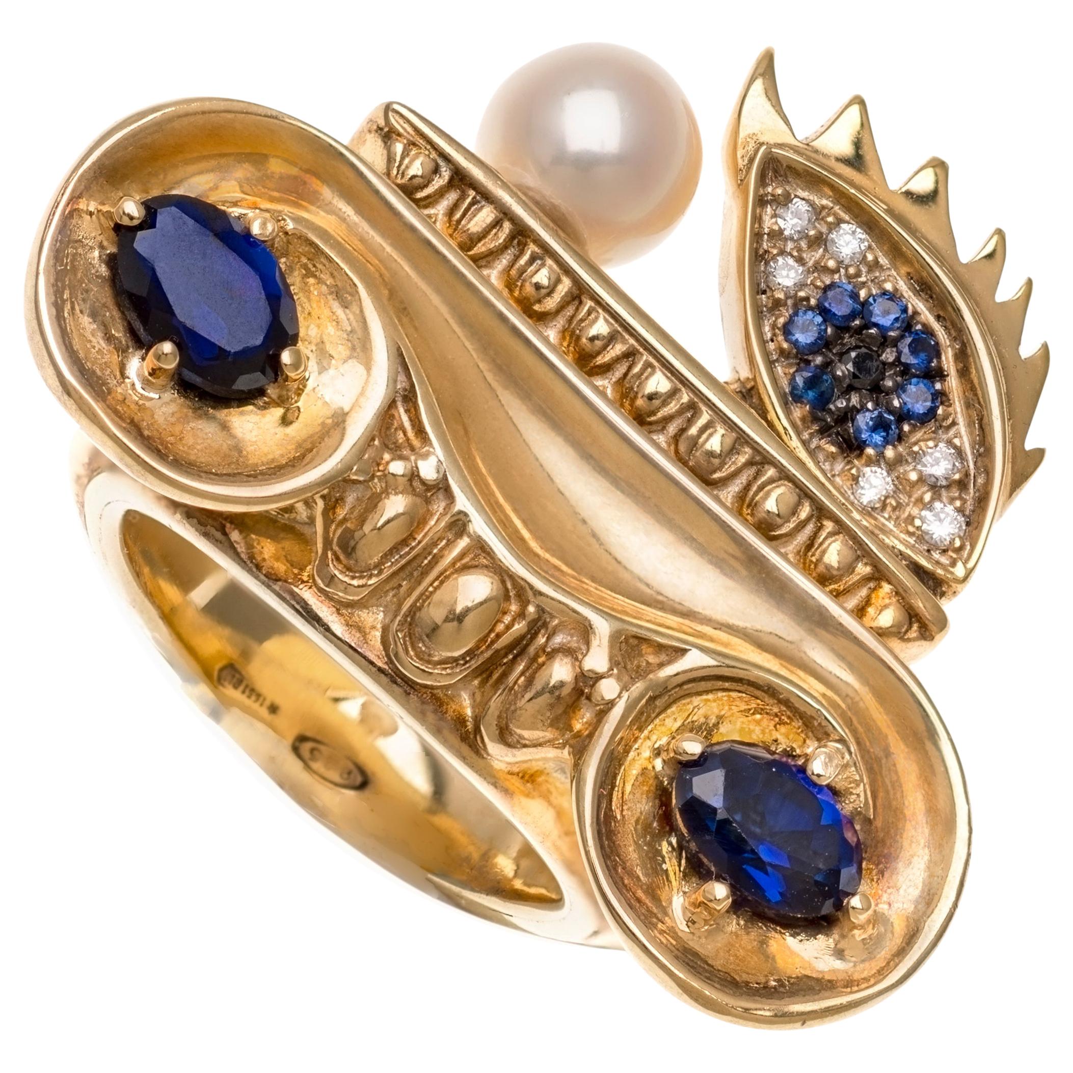 DELFINA DELETTREZ Diamond Sapphire 18 Karat Gold Cocktail Ring For Sale