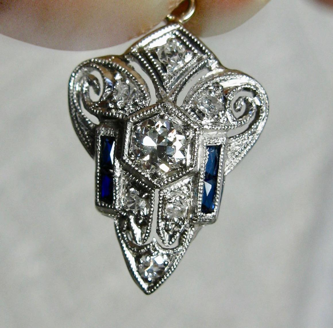 Old Mine Cut Diamond Sapphire 18 Karat Gold Pendant Lavaliere Antique Art Deco