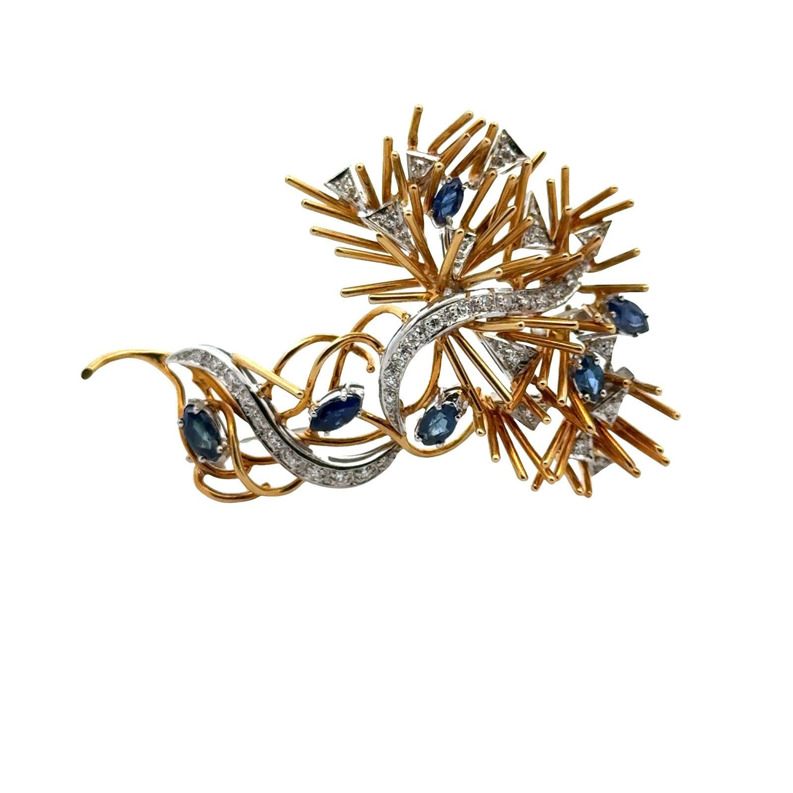 Sprühbrosche mit Diamanten und Saphiren aus 18 Karat zweifarbigem Gold, Mitte des 20. Jahrhunderts (Rundschliff) im Angebot