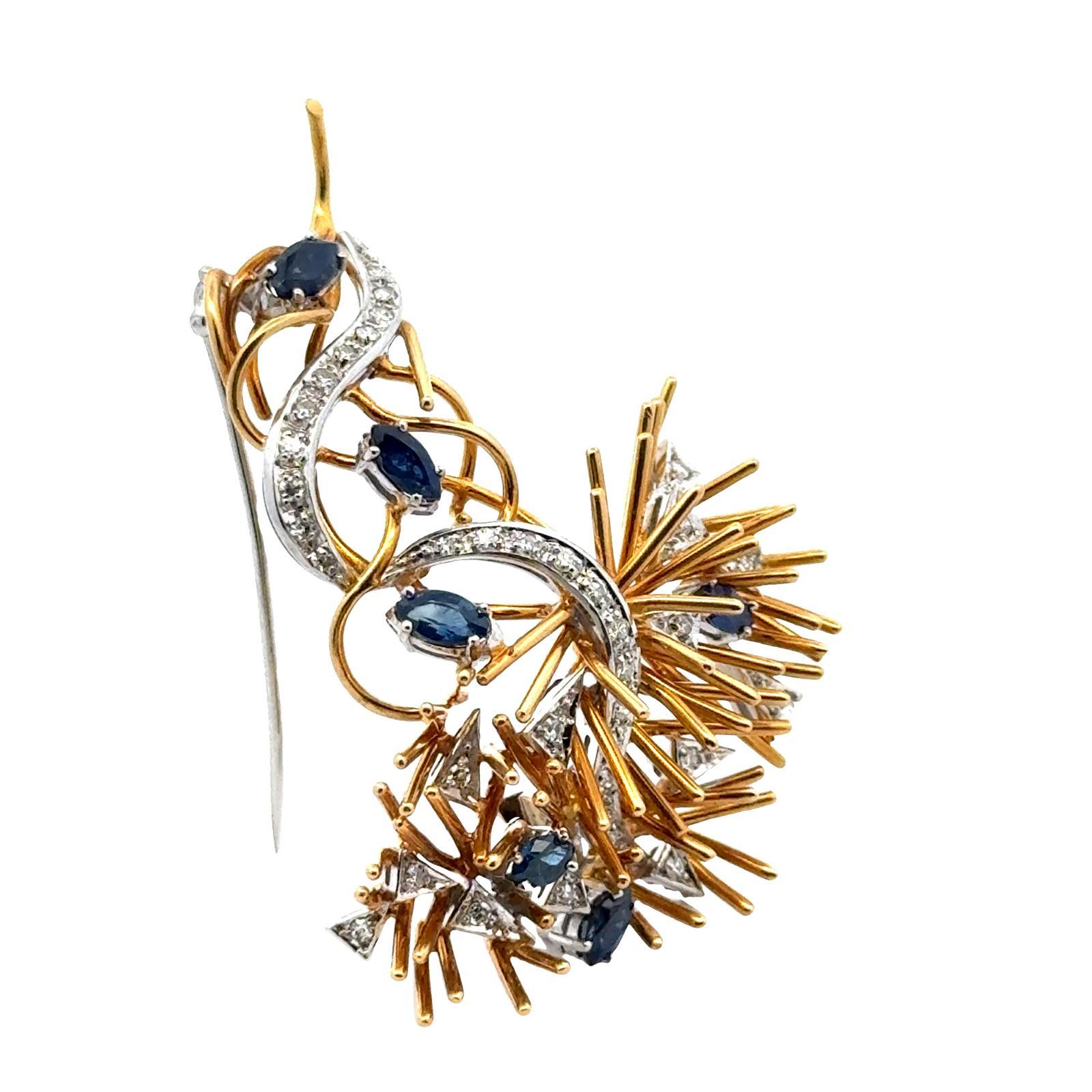 Diamond Sapphire 18 Karat Two Tone Gold Spray Brooch Mid 20th Century In Excellent Condition For Sale In Boca Raton, FL