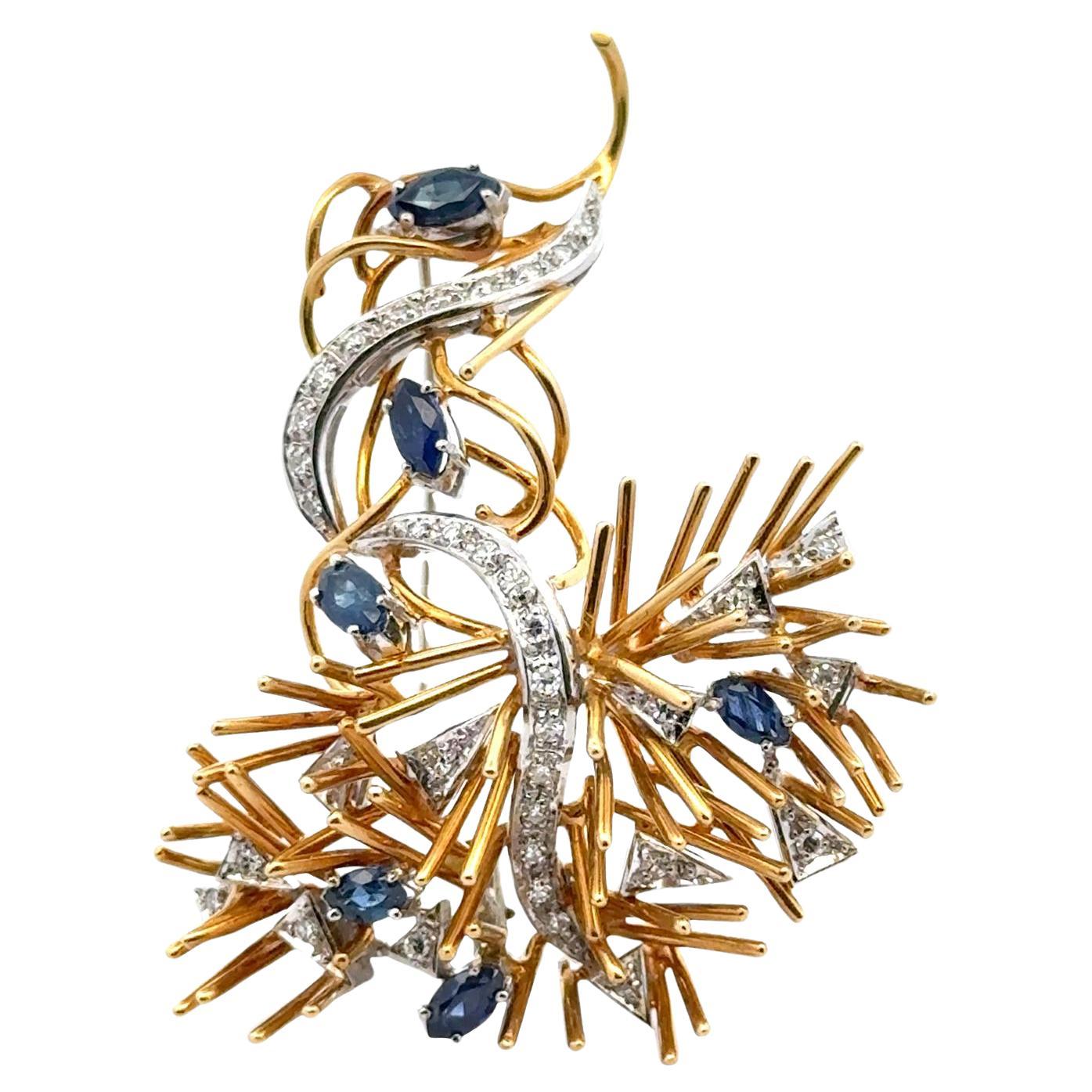 Diamond Sapphire 18 Karat Two Tone Gold Spray Brooch Mid 20th Century For Sale