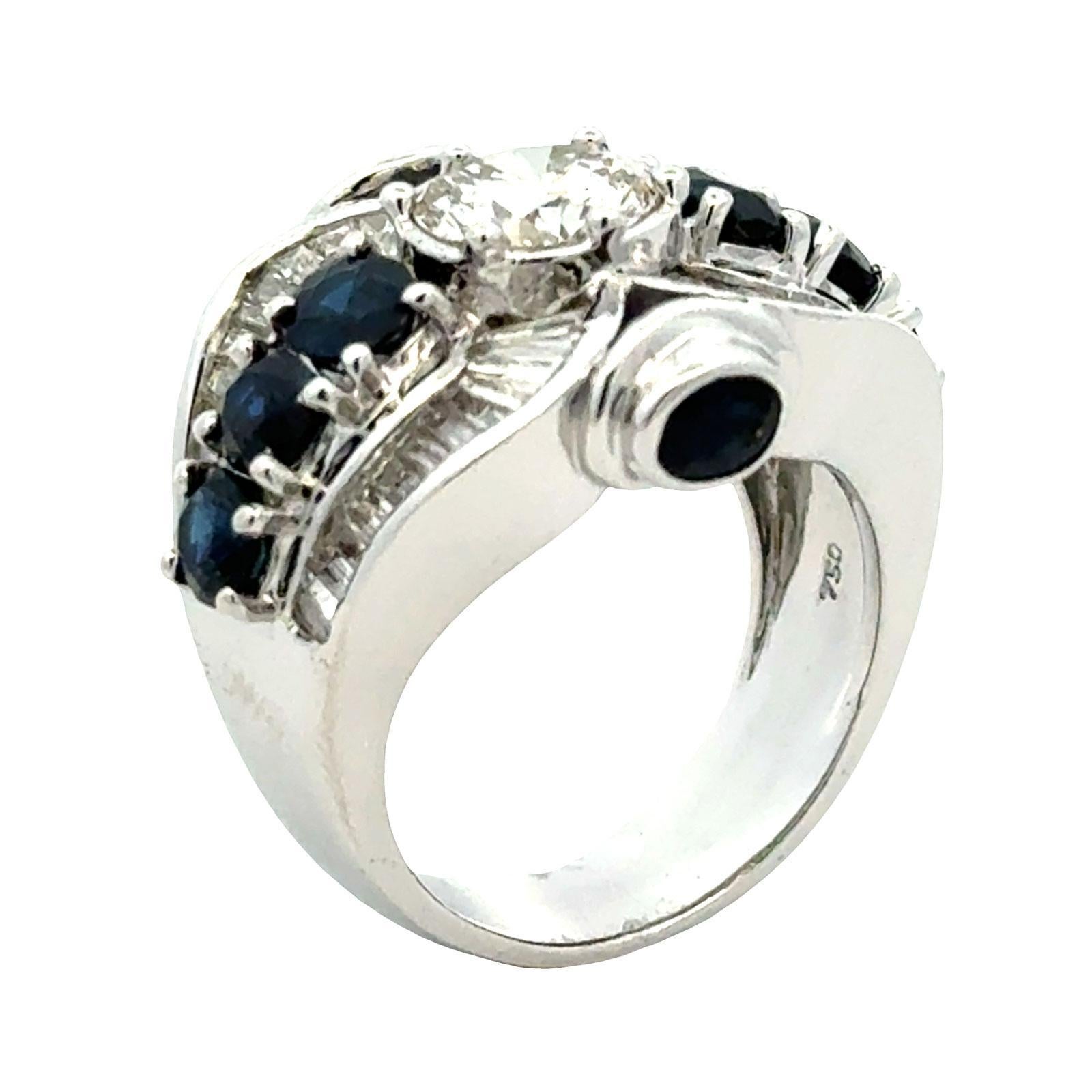 Diamant-Saphir 18 Karat Weißgold Verlobungs-Cocktailring GIA zertifiziert (Art déco) im Angebot