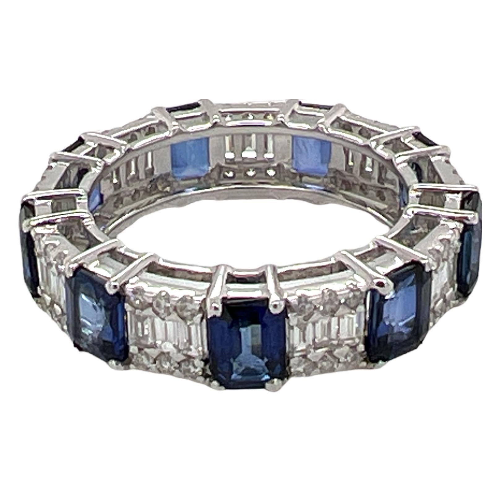 Emerald Cut Diamond Sapphire 18 Karat White Gold Eternity Wedding Band Ring Size 7  For Sale