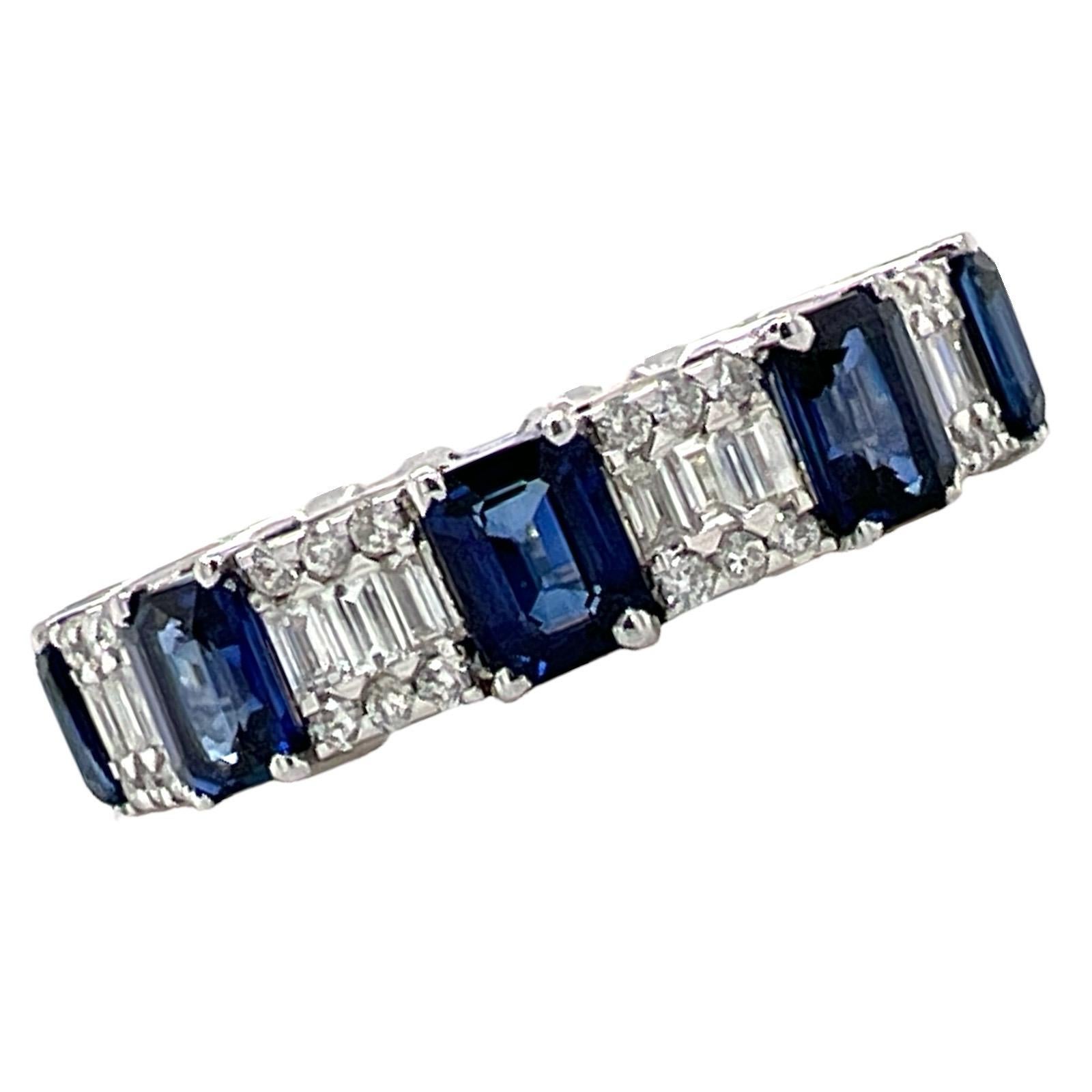 Diamond Sapphire 18 Karat White Gold Eternity Wedding Band Ring Size 7  In Excellent Condition For Sale In Boca Raton, FL
