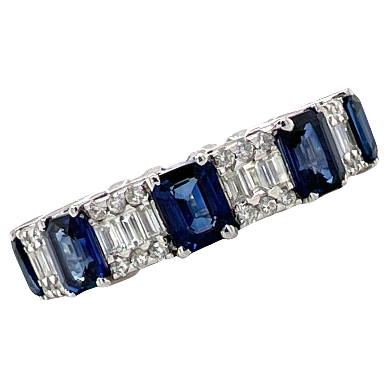 Diamond Sapphire 18 Karat White Gold Eternity Wedding Band Ring Size 7  For Sale