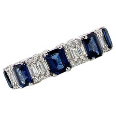 Diamond Sapphire 18 Karat White Gold Eternity Wedding Band Ring Size 7