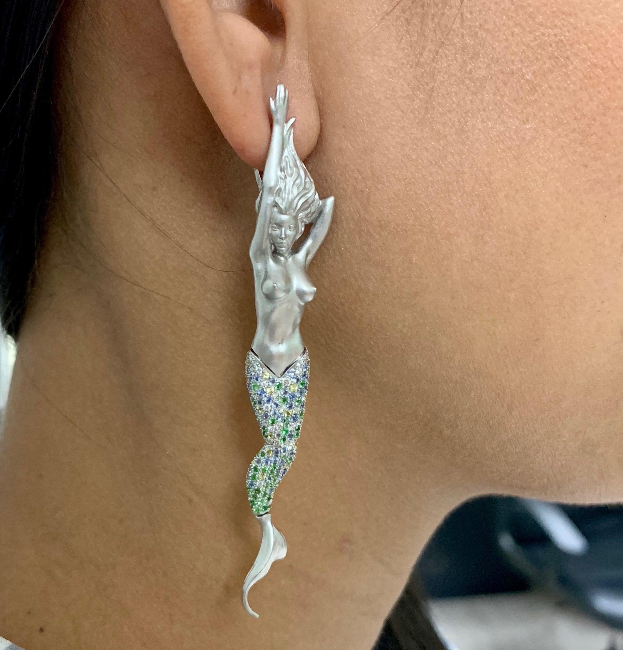 Contemporary Diamond Sapphire 18 Karat White Gold Mermaid Earrings For Sale
