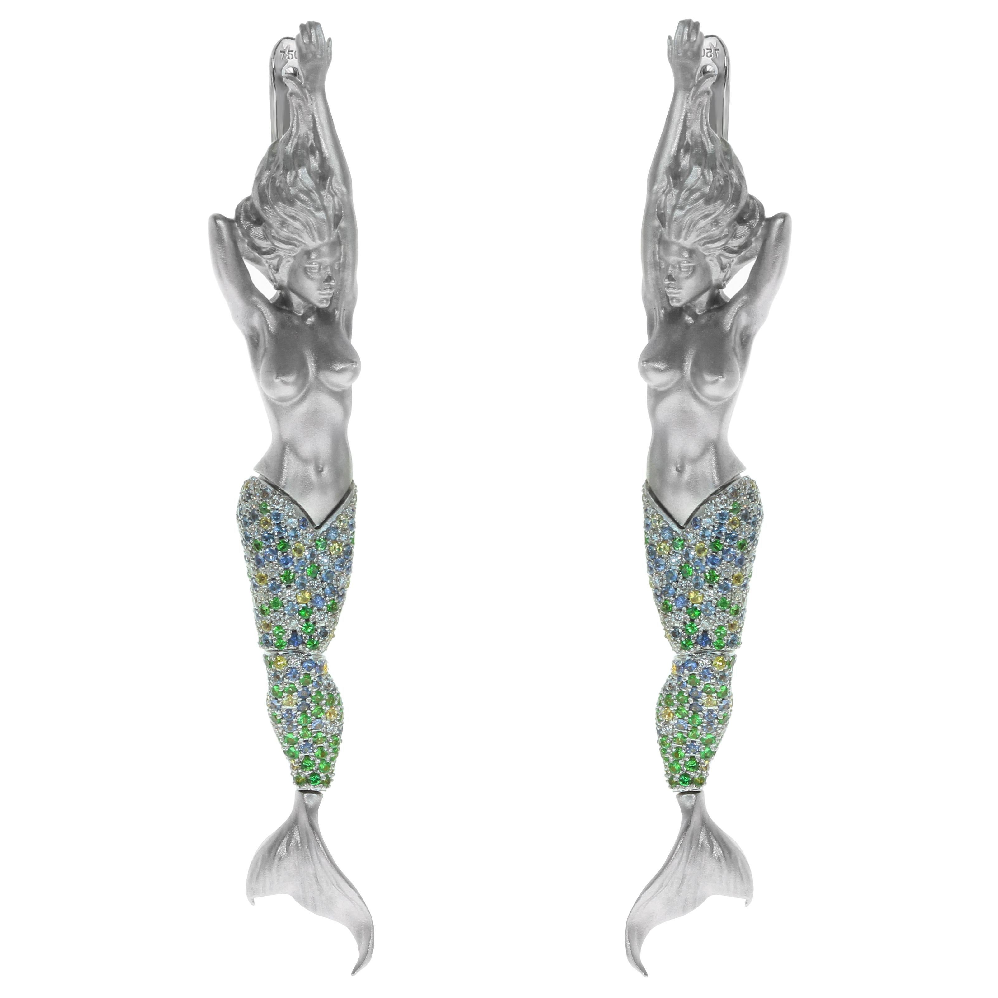 Diamond Sapphire 18 Karat White Gold Mermaid Earrings For Sale