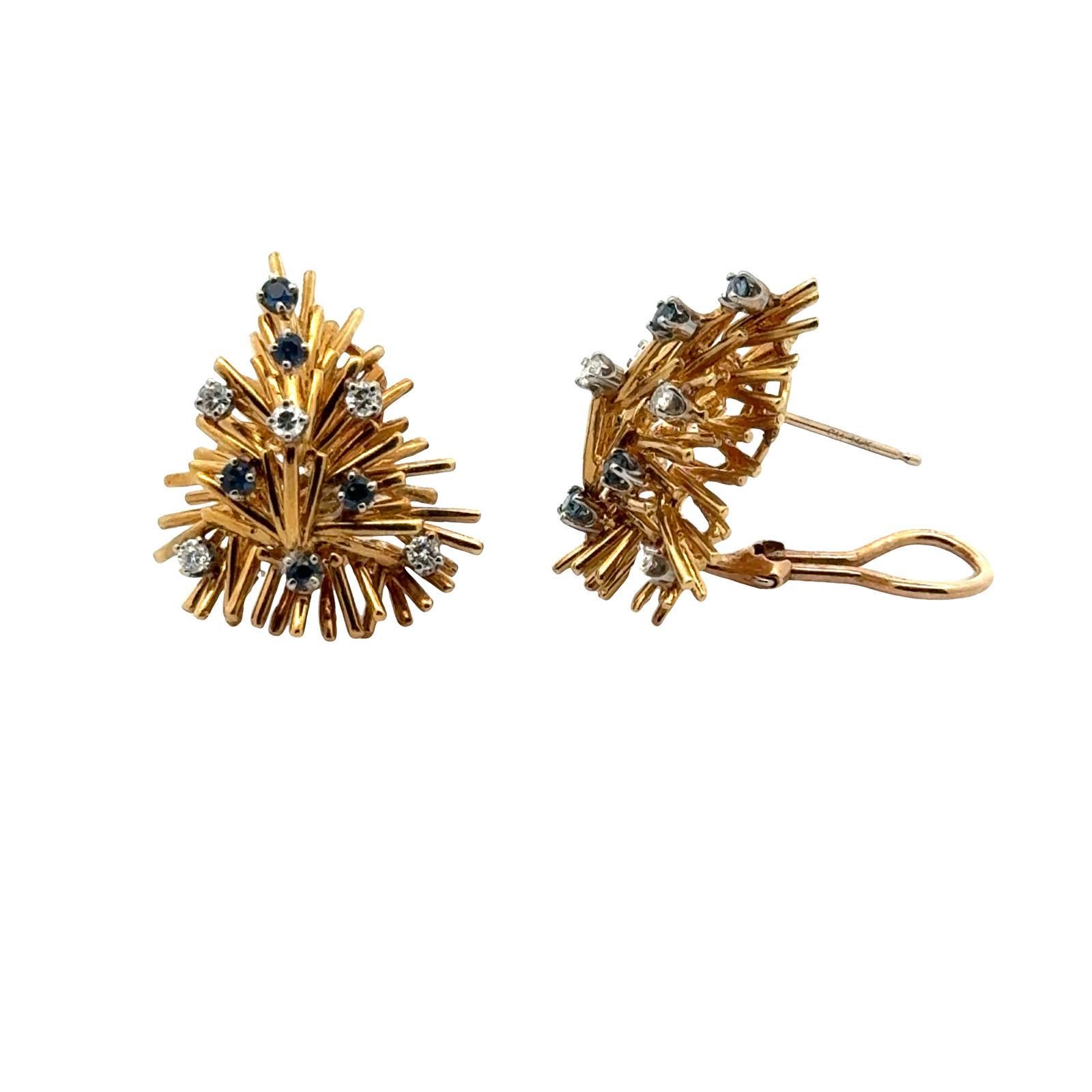 Diamant-Saphir-Ohrringe aus 18 Karat Gelbgold mit Hebelrückensystem (Rundschliff) im Angebot