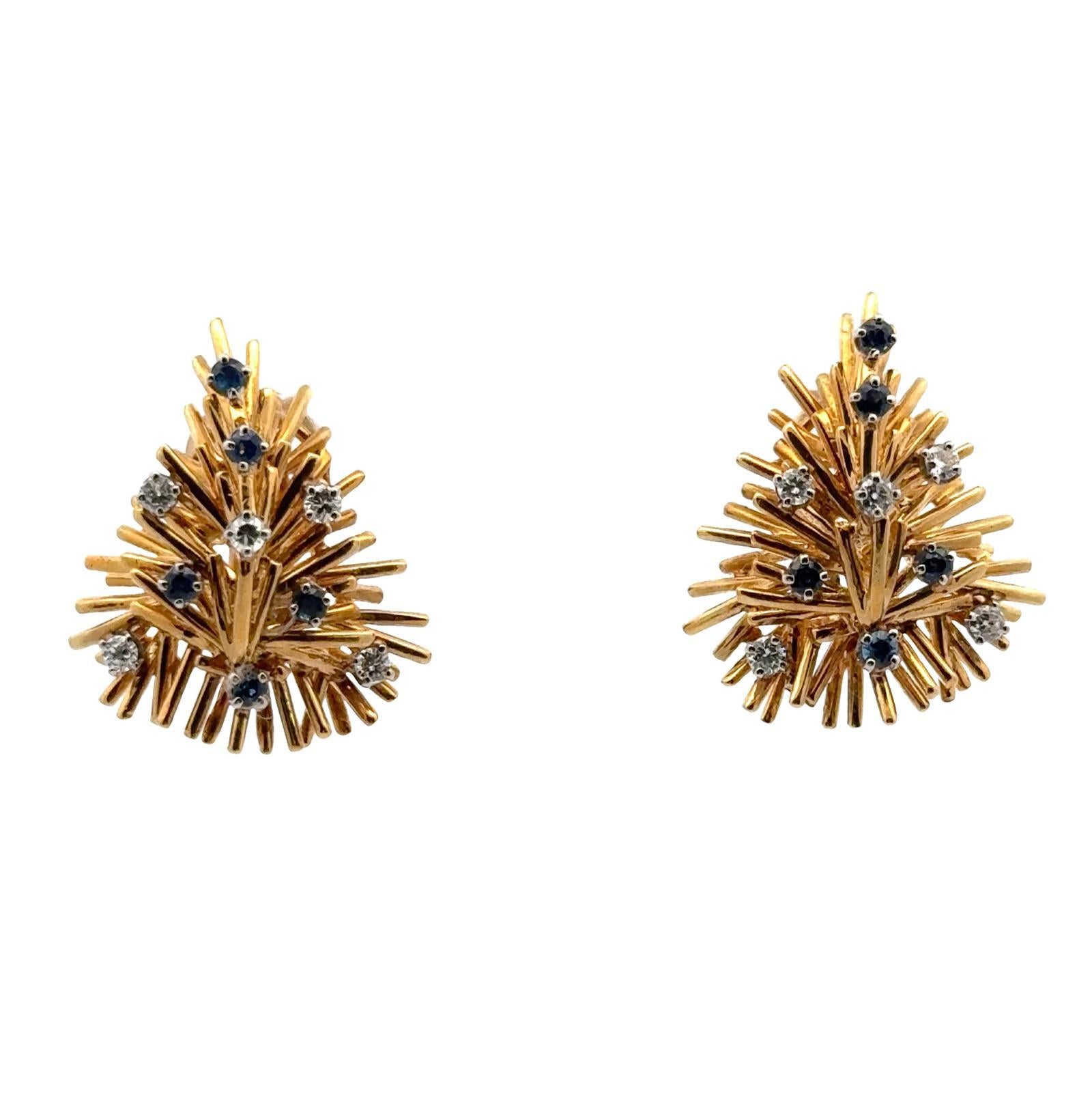 Diamant-Saphir-Ohrringe aus 18 Karat Gelbgold mit Hebelrückensystem im Angebot 1
