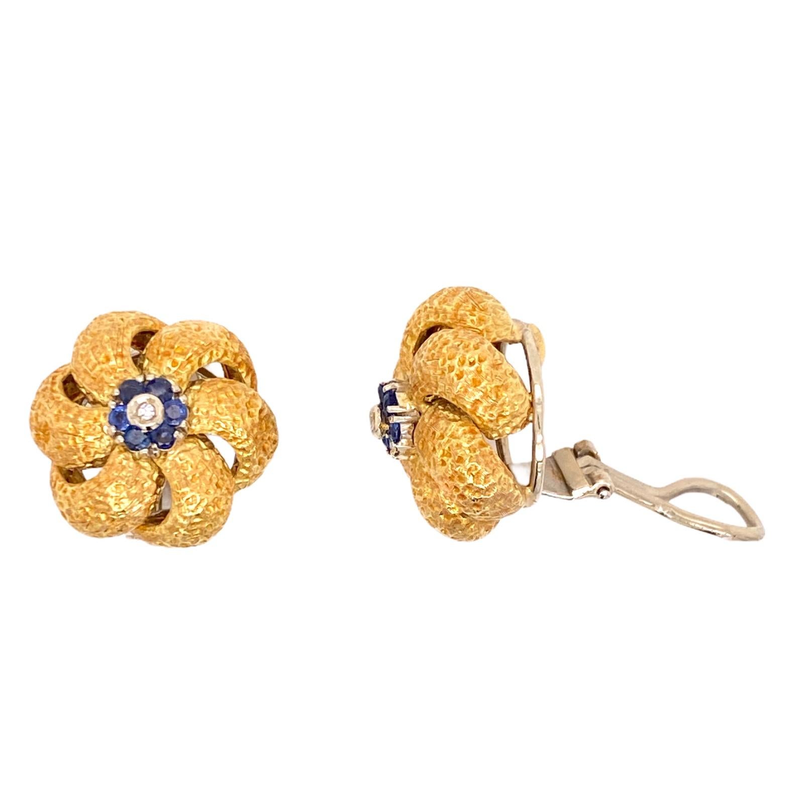 Modern Diamond Sapphire 18 Karat Yellow Gold Textured Floral Vintage Ear Clip Earrings