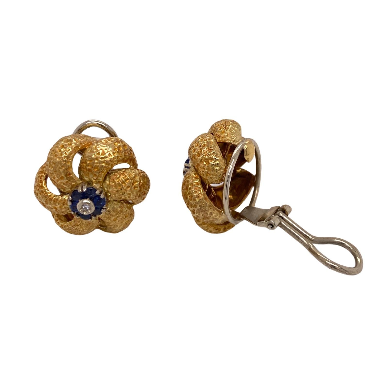 Round Cut Diamond Sapphire 18 Karat Yellow Gold Textured Floral Vintage Ear Clip Earrings