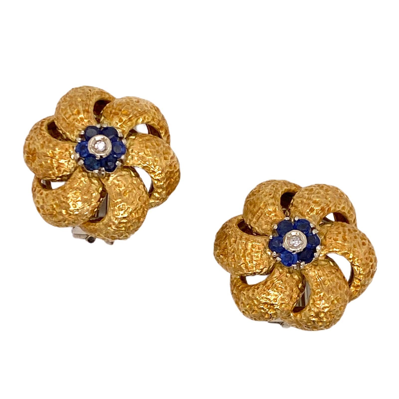 Diamond Sapphire 18 Karat Yellow Gold Textured Floral Vintage Ear Clip Earrings