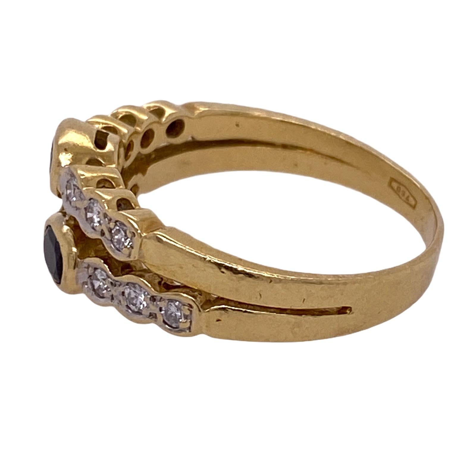 Round Cut Diamond Sapphire 18 Karat Yellow Gold Two-Row Band Ring Bezel Set