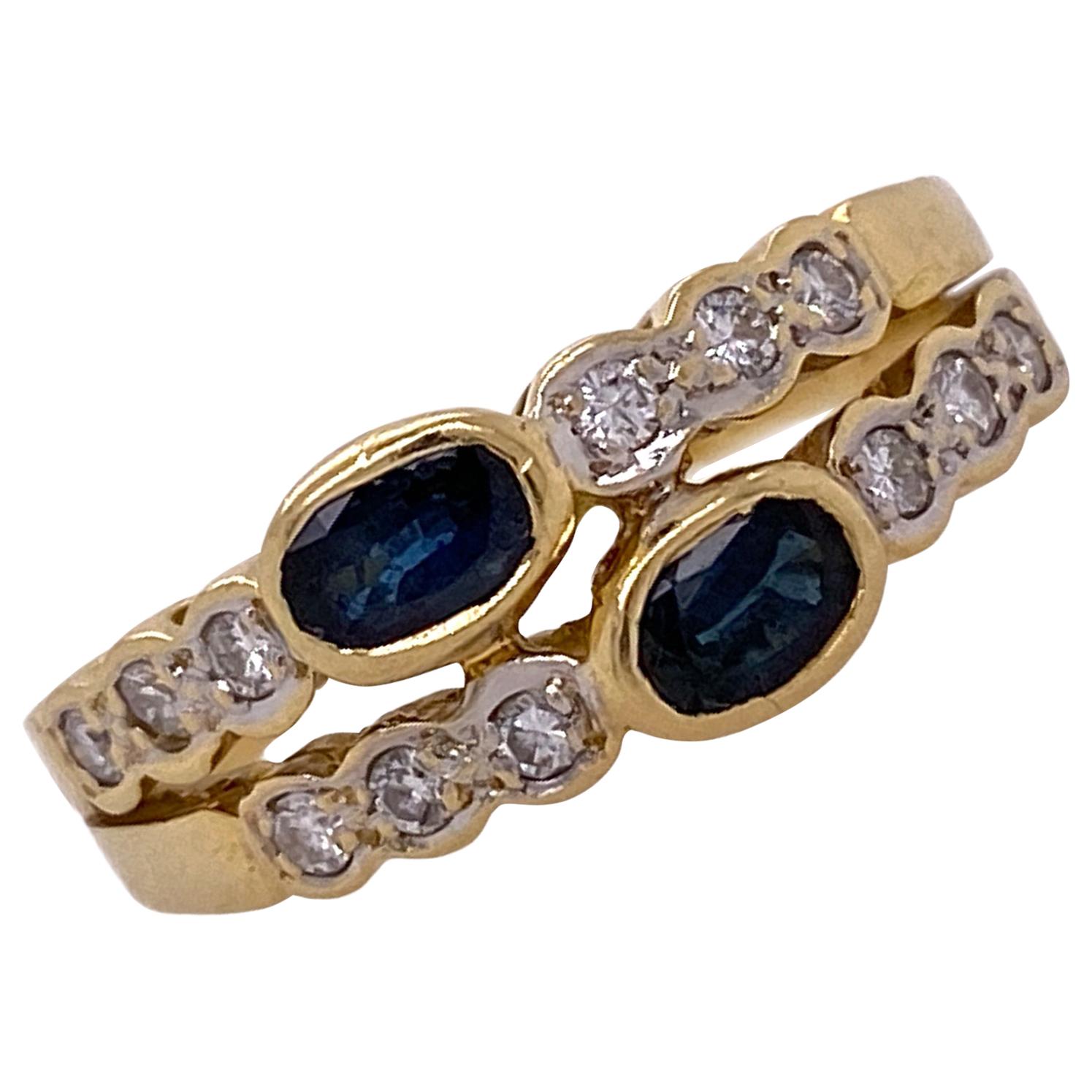 Diamond Sapphire 18 Karat Yellow Gold Two-Row Band Ring Bezel Set