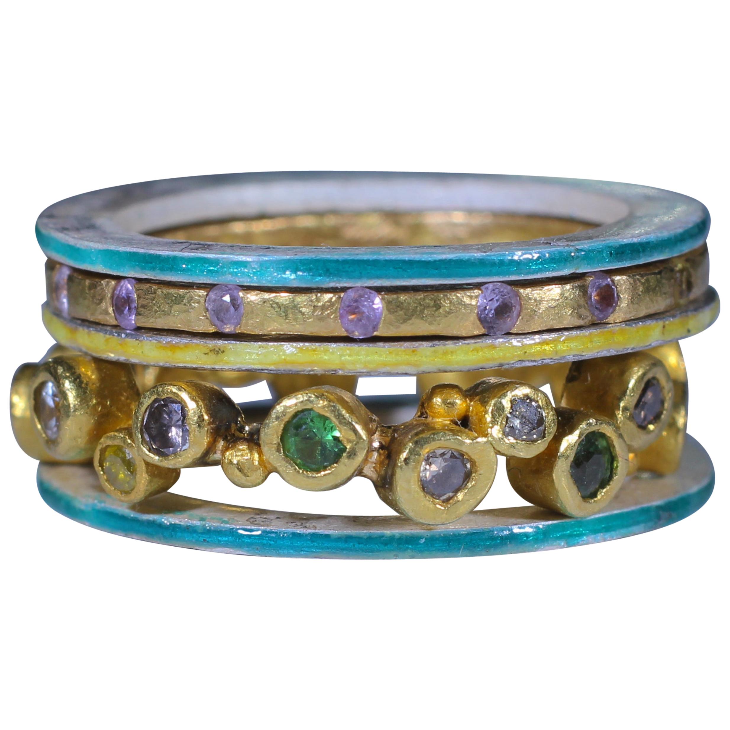 Diamant-Saphir-Ring aus 18 Karat, 22 Karat Gold und Silber, Stack-Mode-Ehering für sie