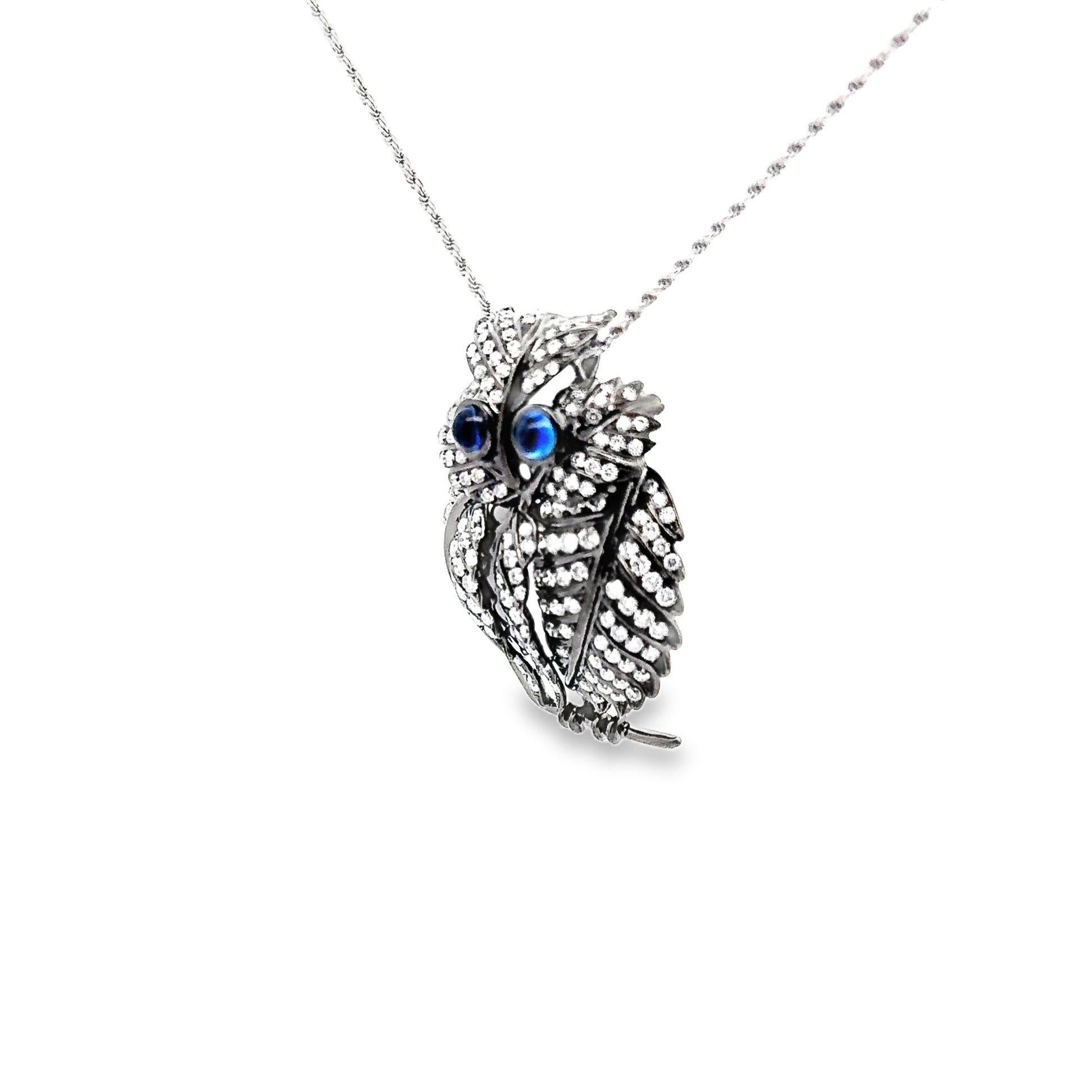 Contemporary Diamond Sapphire 18k Gold Rhodium Owl Pendant Necklace For Sale