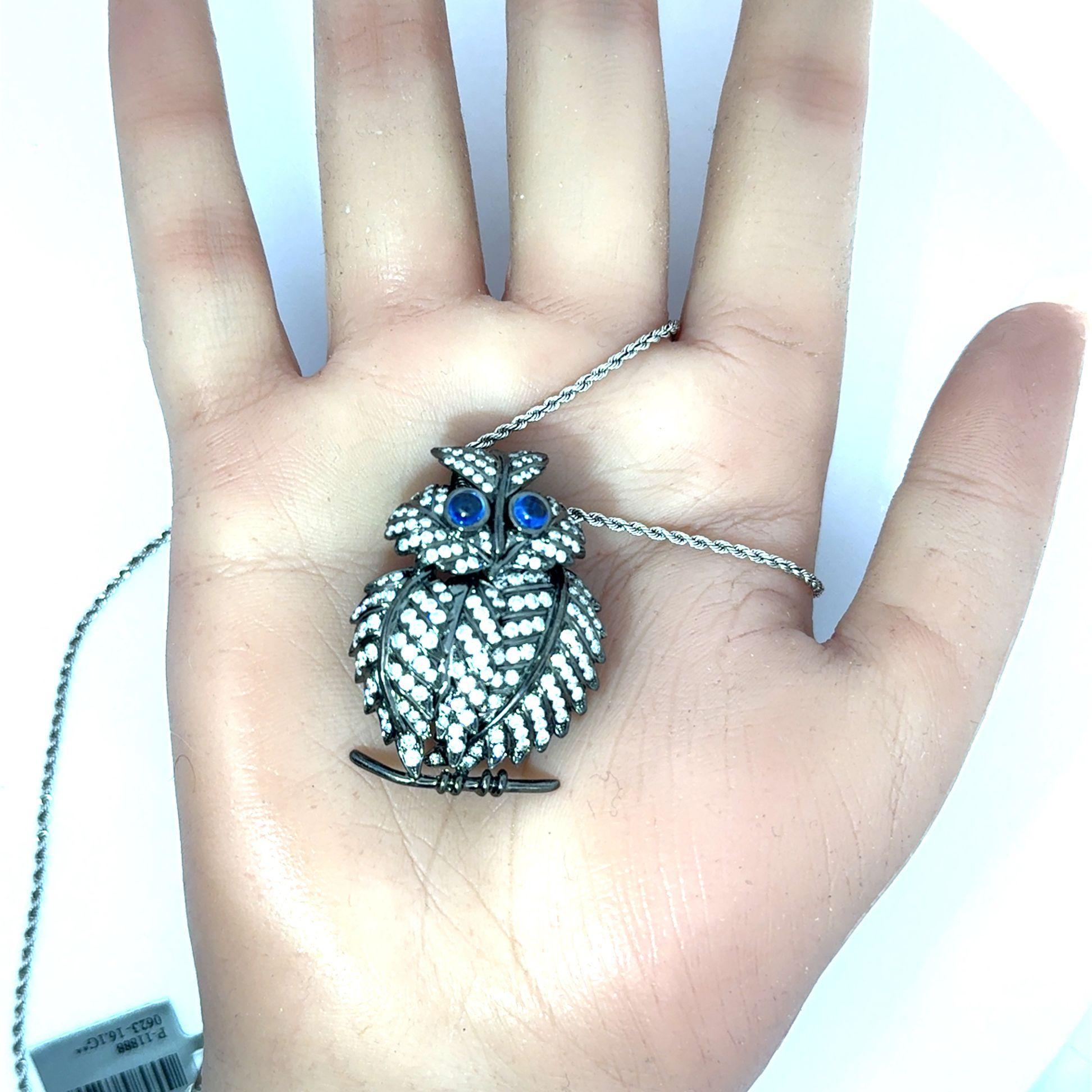 Round Cut Diamond Sapphire 18k Gold Rhodium Owl Pendant Necklace For Sale