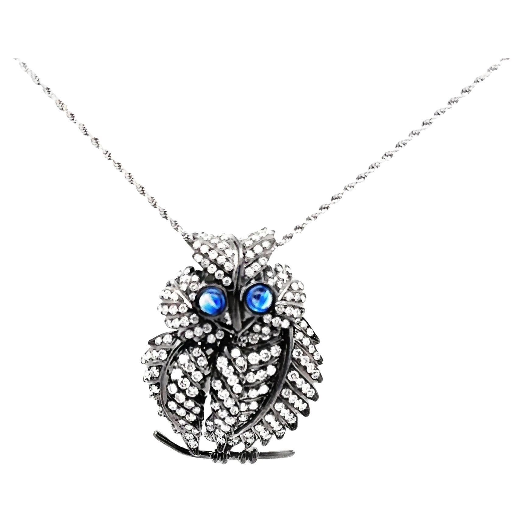 Diamond Sapphire 18k Gold Rhodium Owl Pendant Necklace